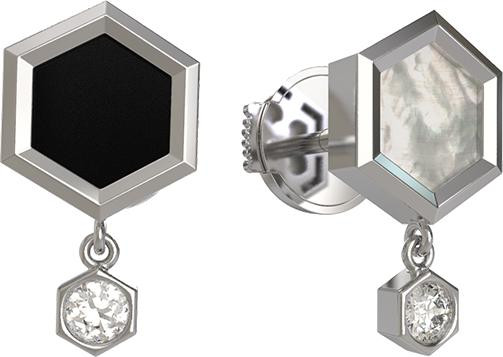 Серьги из белого золота 585 пробы c бриллиантами, ониксом и перламутром