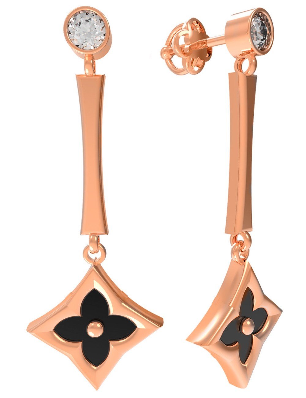 Серьги из золота c фианитом и ониксом