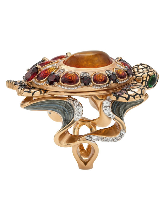 Кольцо из красного золота 585 пробы c эмалью, фианитом, гранатом и янтарём