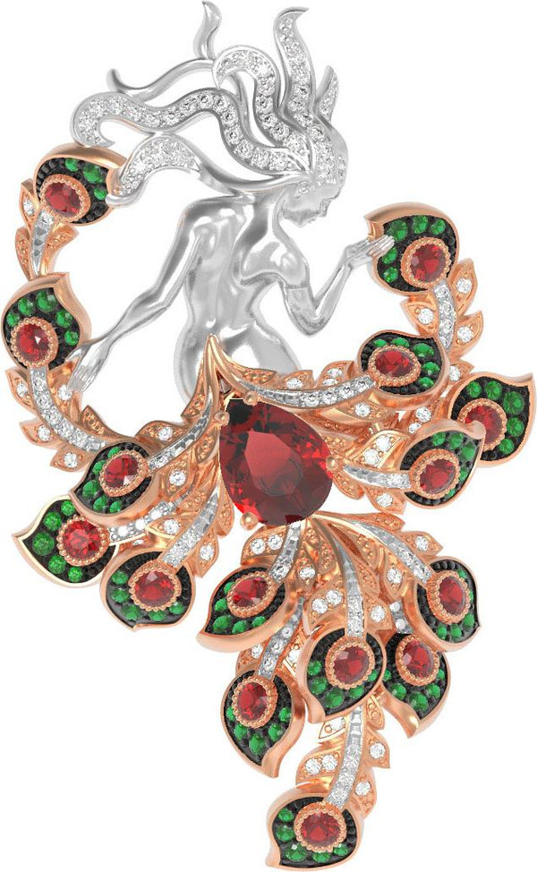 Брошь-подвеска из красного золота 585 пробы c фианитом и гранатом