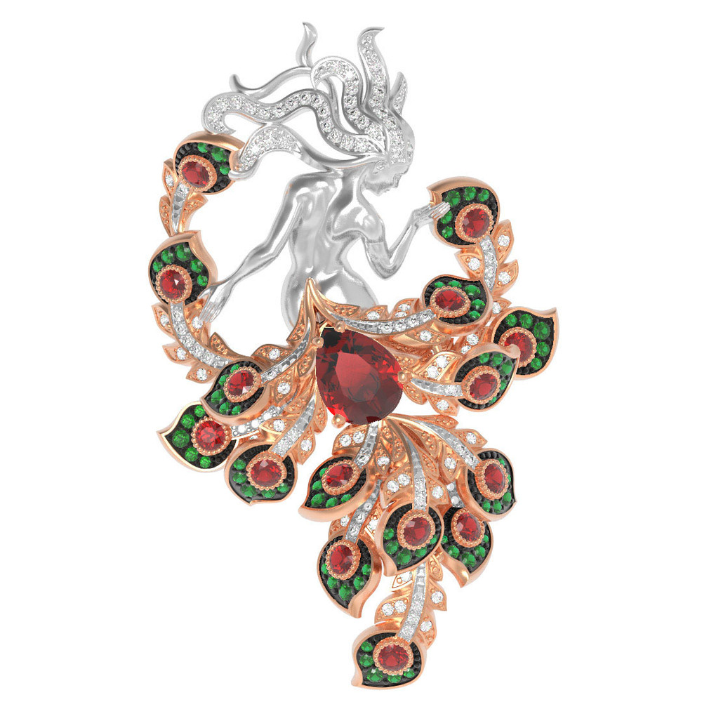 Брошь-подвеска из красного золота 585 пробы c фианитом и гранатом