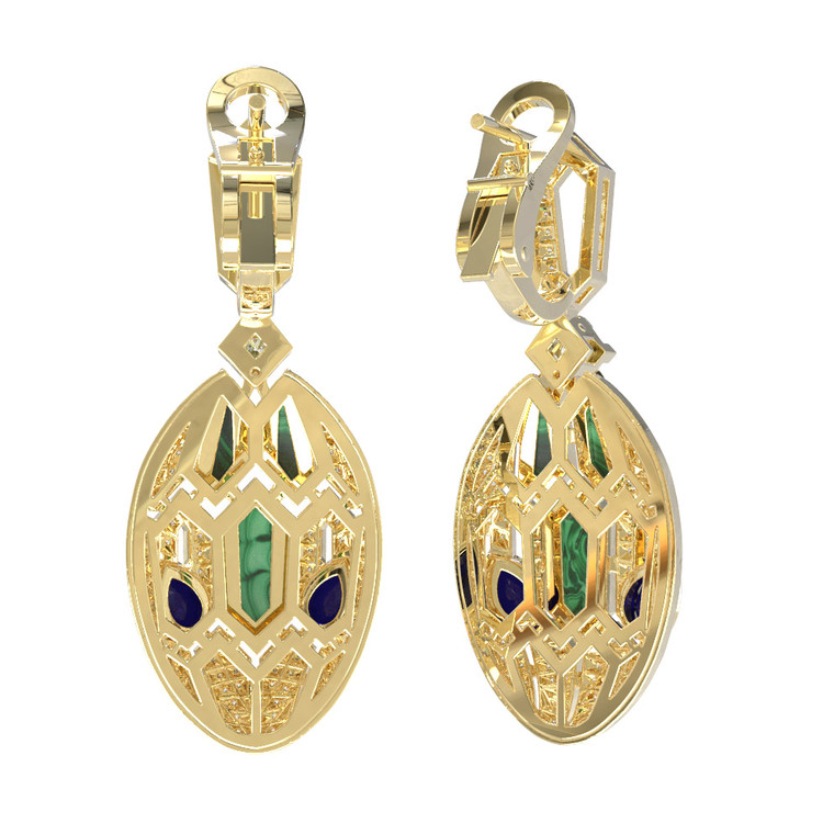 Серьги из лимонного золота 585 пробы c бриллиантами, сапфиром и малахитом