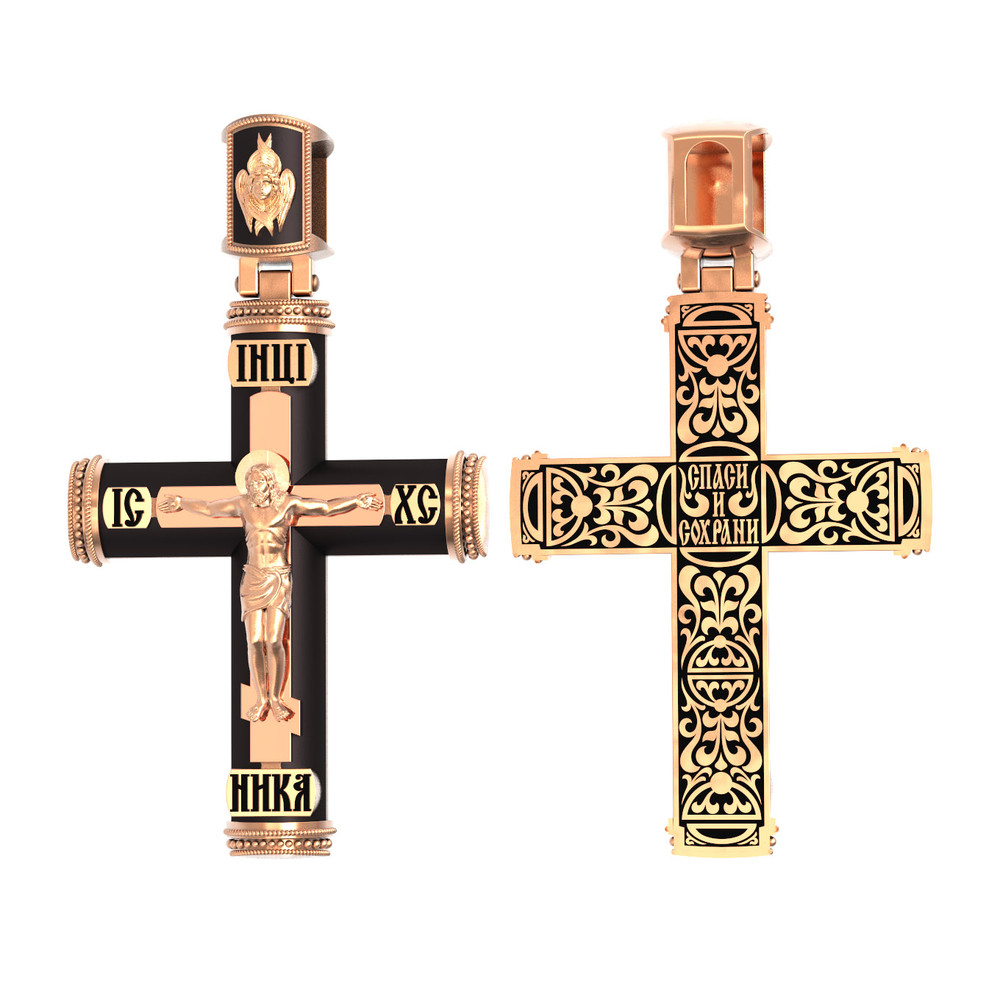 Крест из красного золота 585 пробы c эмалью и эбеновым деревом