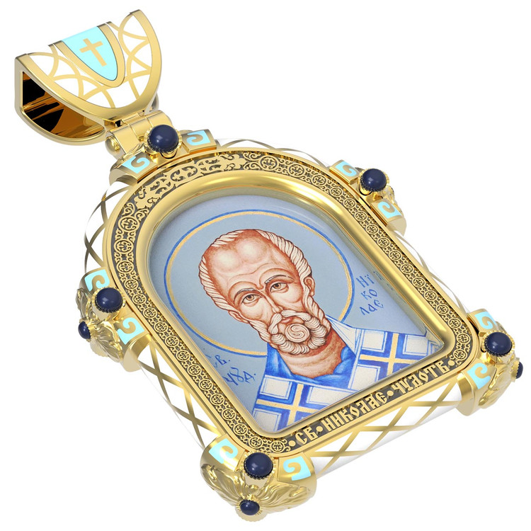 Нательная икона из лимонного золота 585 пробы c эмалью, иконописью и темперой