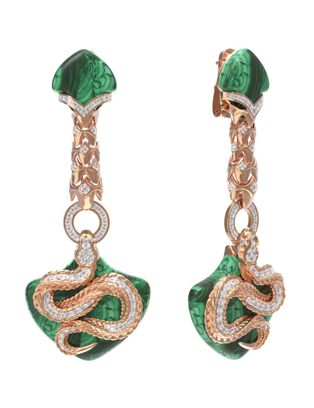 Серьги из золота c бриллиантами и малахитом