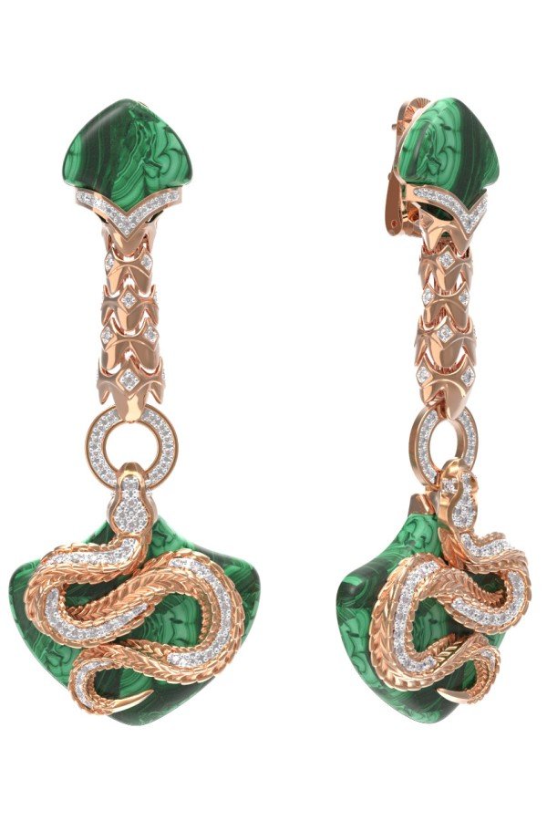 Серьги из золота c бриллиантами и малахитом