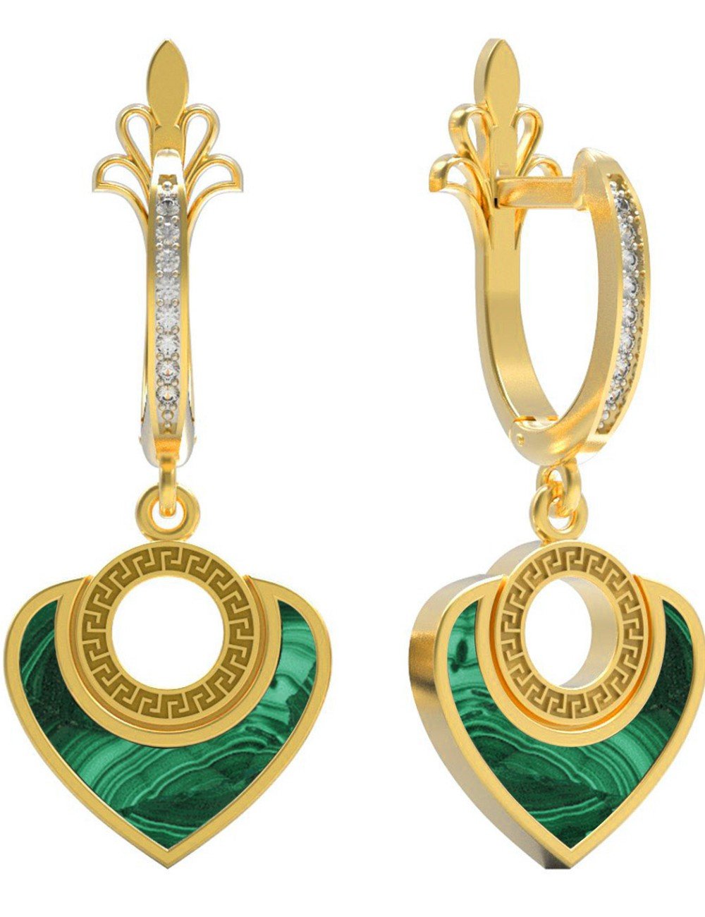 Серьги из лимонного золота c фианитом и малахитом