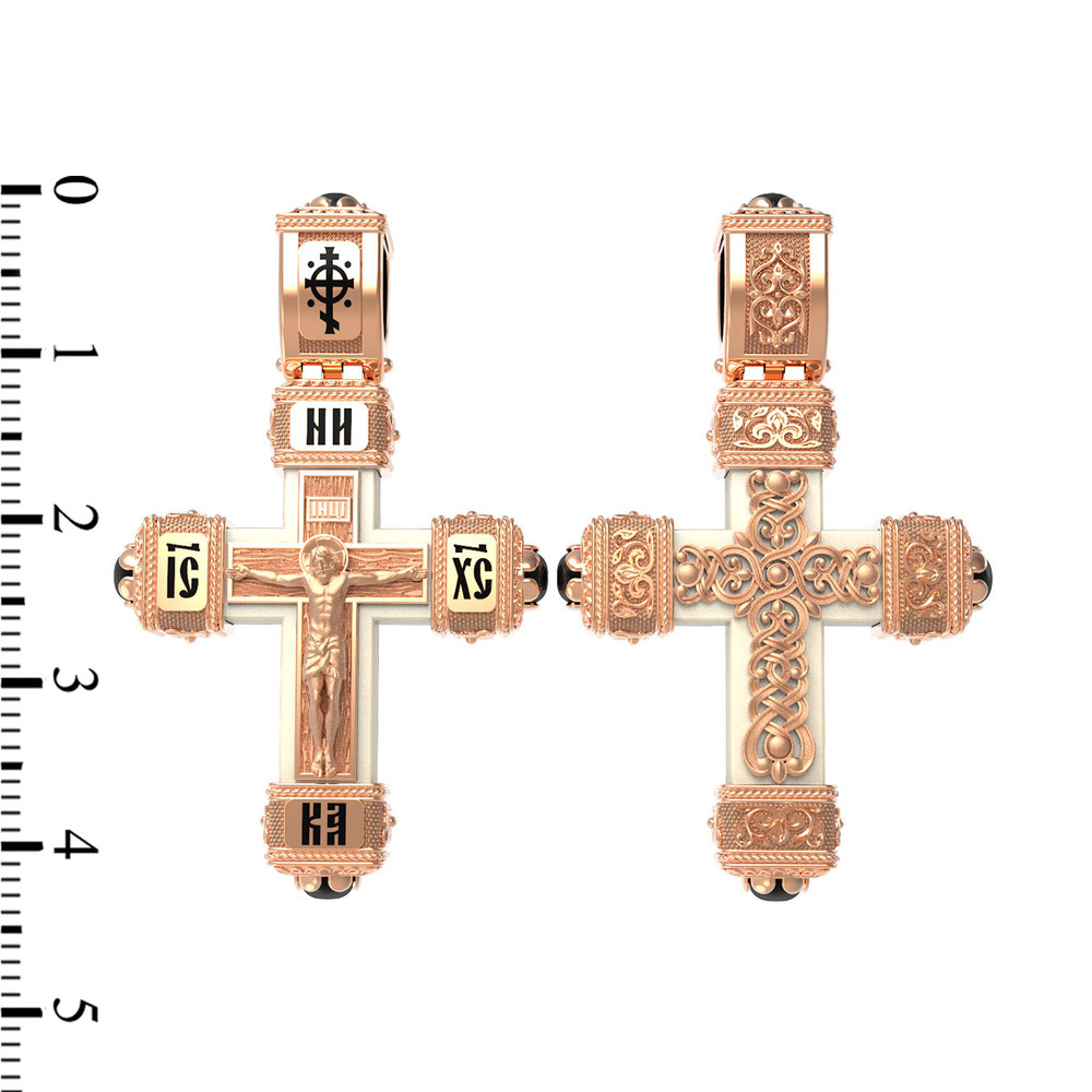 Крест из красного золота 585 пробы c эмалью, ониксом и бивнем мамонта