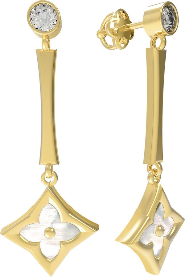 Серьги из лимонного золота 585 пробы c фианитом и перламутром