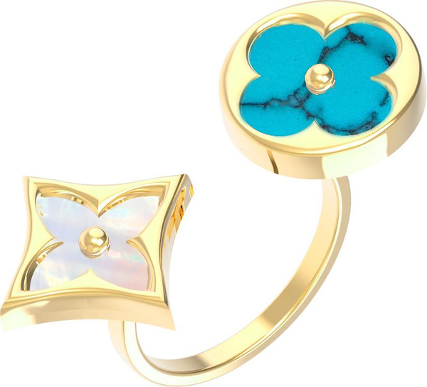 Кольцо из лимонного золота 585 пробы c бирюзой и перламутром
