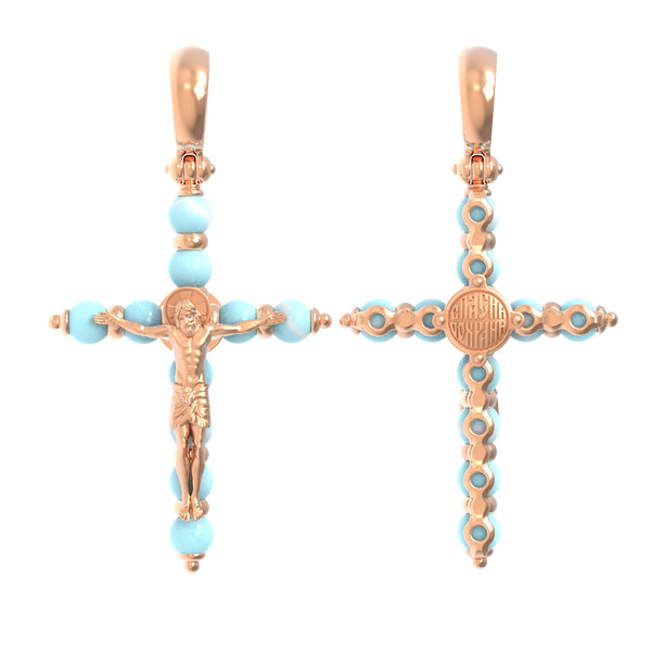 Крест из красного золота 585 пробы c бирюзой