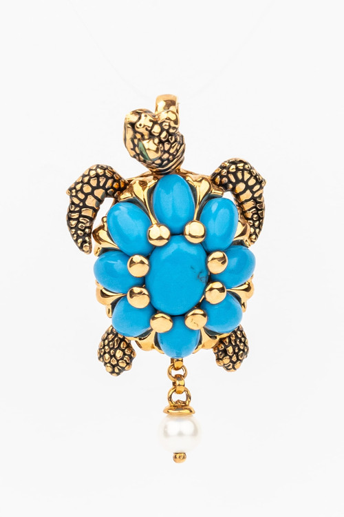 Подвеска из красного золота 585 пробы c эмалью, жемчугом и бирюзой