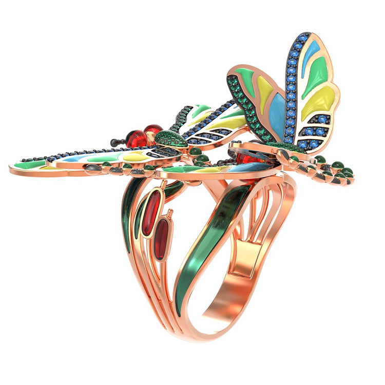 Кольцо из красного золота 585 пробы c сапфиром, изумрудом и эмалью