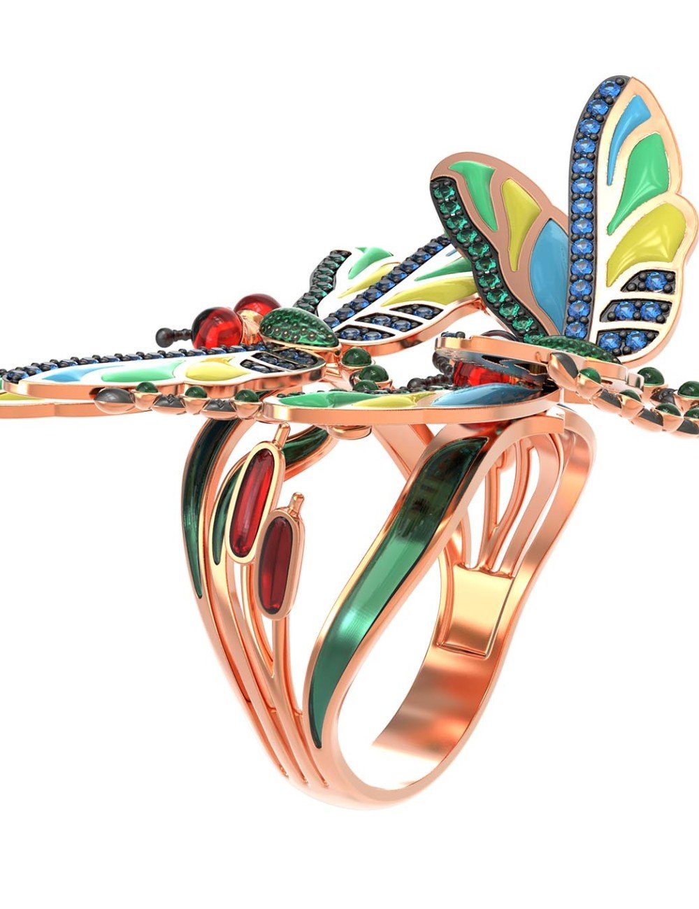 Кольцо из золота c сапфиром, изумрудом и эмалью