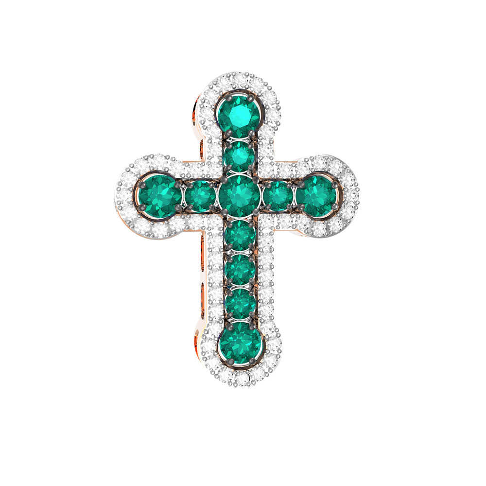 Крест из красного золота 585 пробы c бриллиантами и изумрудом