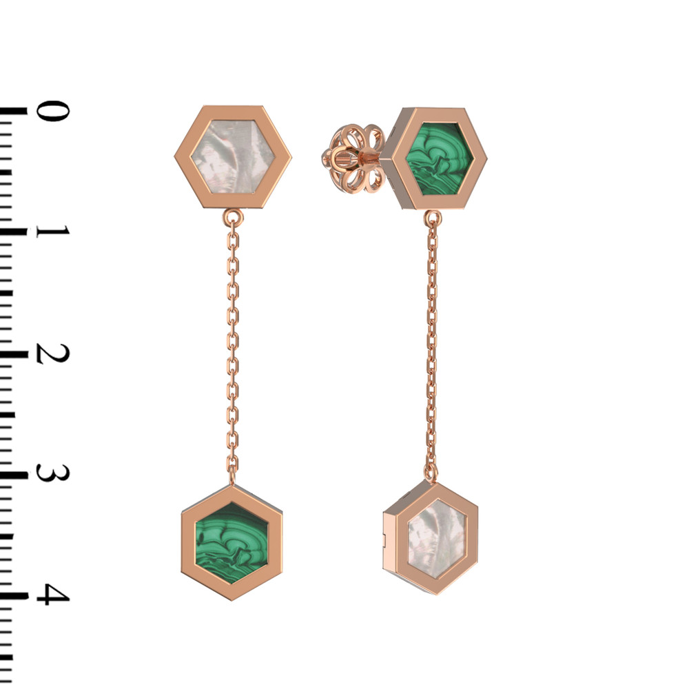 Серьги из красного золота 585 пробы c малахитом и перламутром