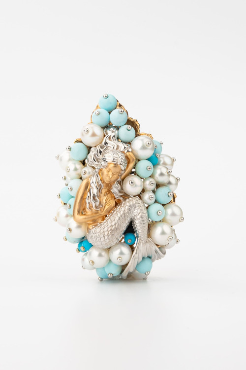 Подвеска из красного золота 585 пробы c жемчугом и бирюзой