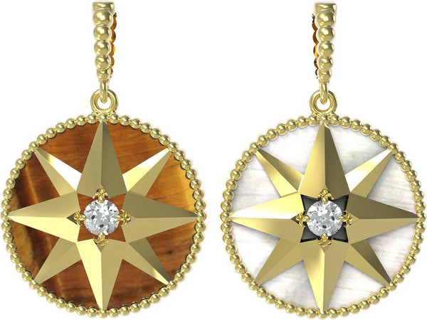 Подвеска из лимонного золота 585 пробы c фианитом, тигровым глазом и перламутром