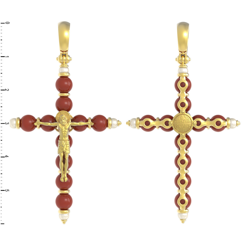 Крест из лимонного золота 585 пробы c жемчугом и кораллом