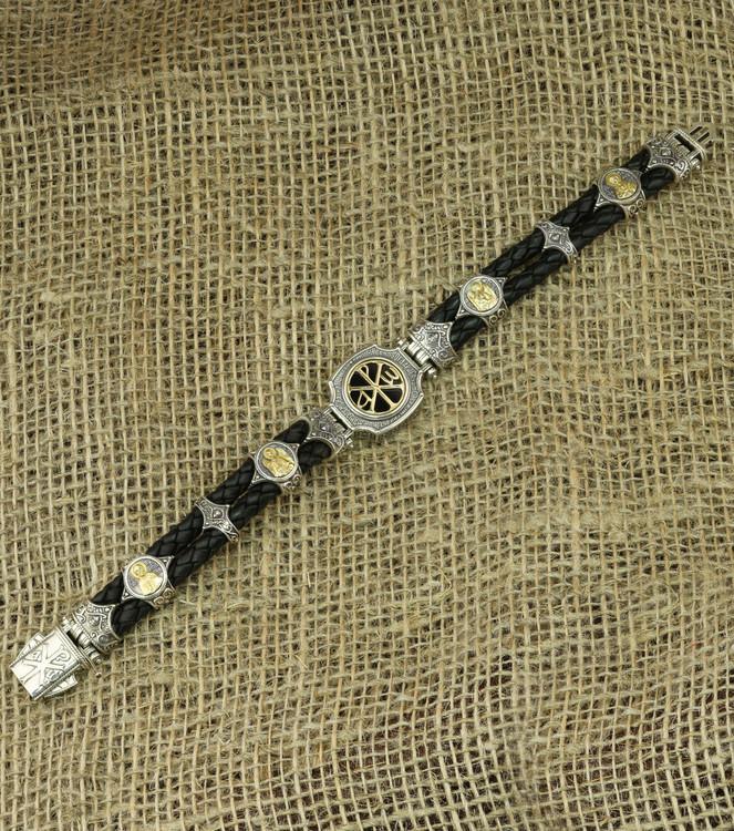 Браслет из серебра 925 пробы и золота 750 пробы c кожаным шнурком и ониксом