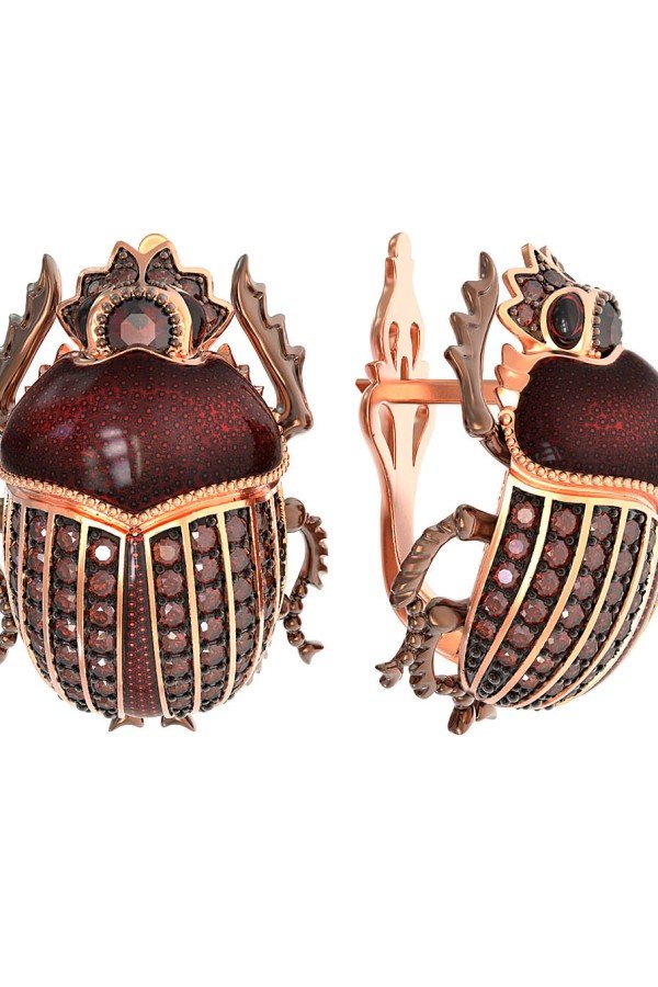 Серьги из золота c эмалью, фианитом и гранатом