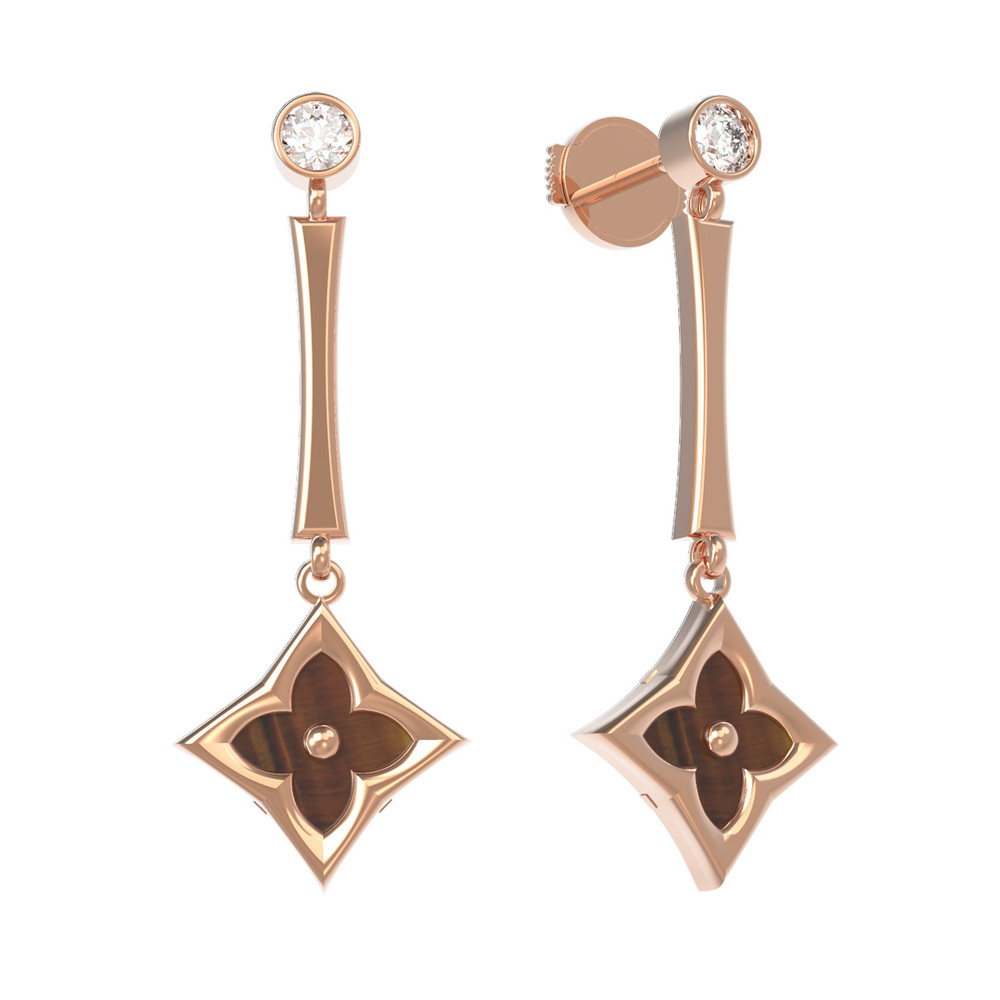 Серьги из красного золота 585 пробы c фианитом и тигровым глазом