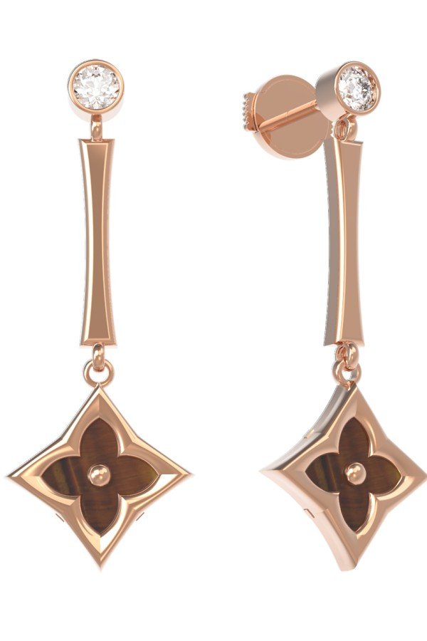 Серьги из золота c фианитом и тигровым глазом