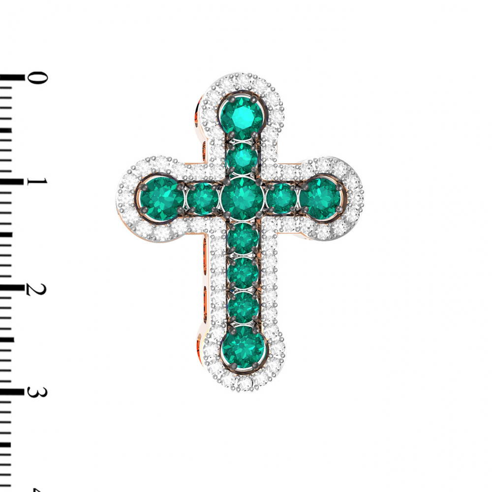 Крест из красного золота 585 пробы c бриллиантами и изумрудом