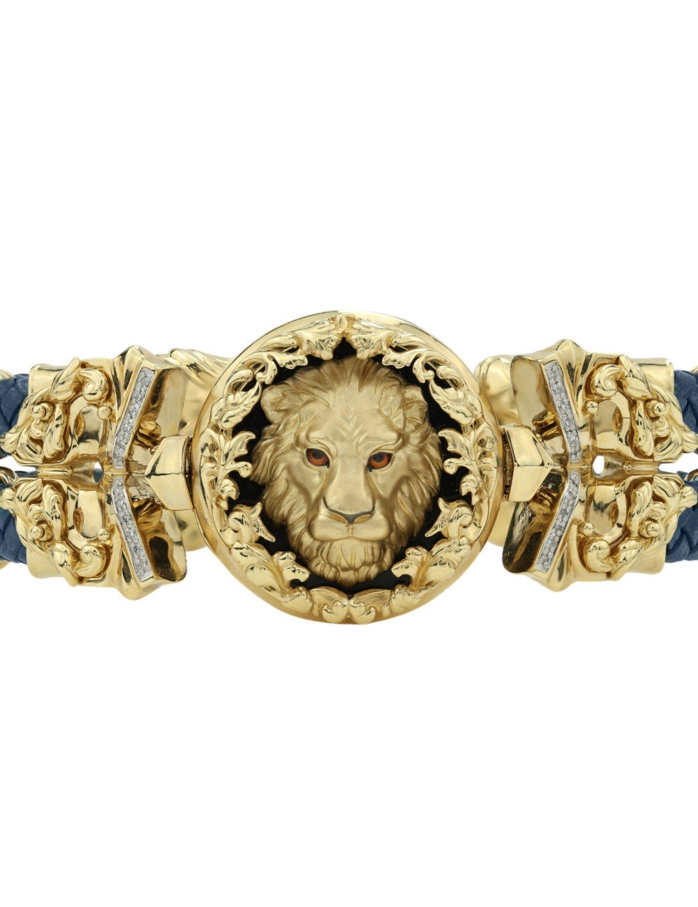 Браслет из лимонного золота c эмалью, бриллиантами, кожаным шнурком и ониксом