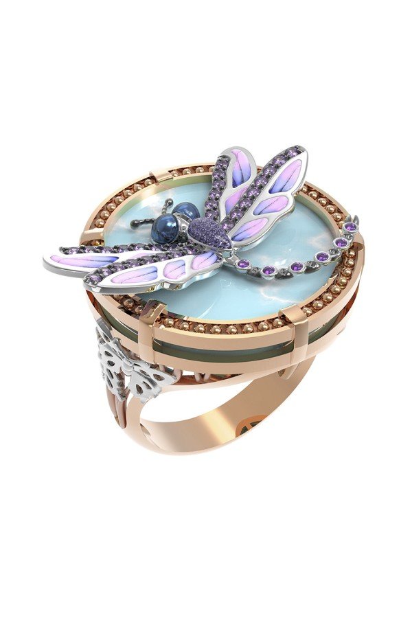 Кольцо из золота c бирюзой, аметистом и эмалью