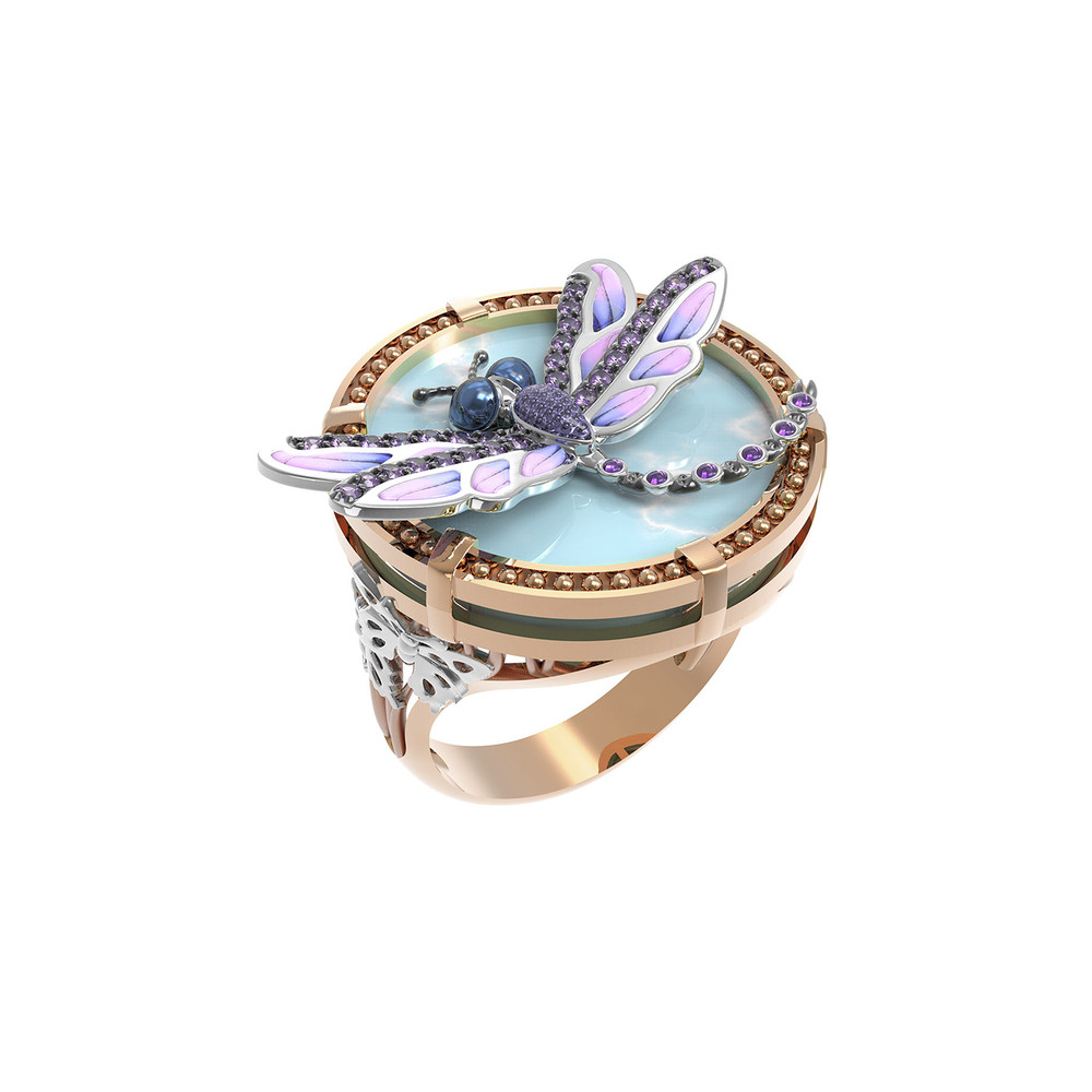 Кольцо из красного золота 585 пробы c бирюзой, аметистом и эмалью