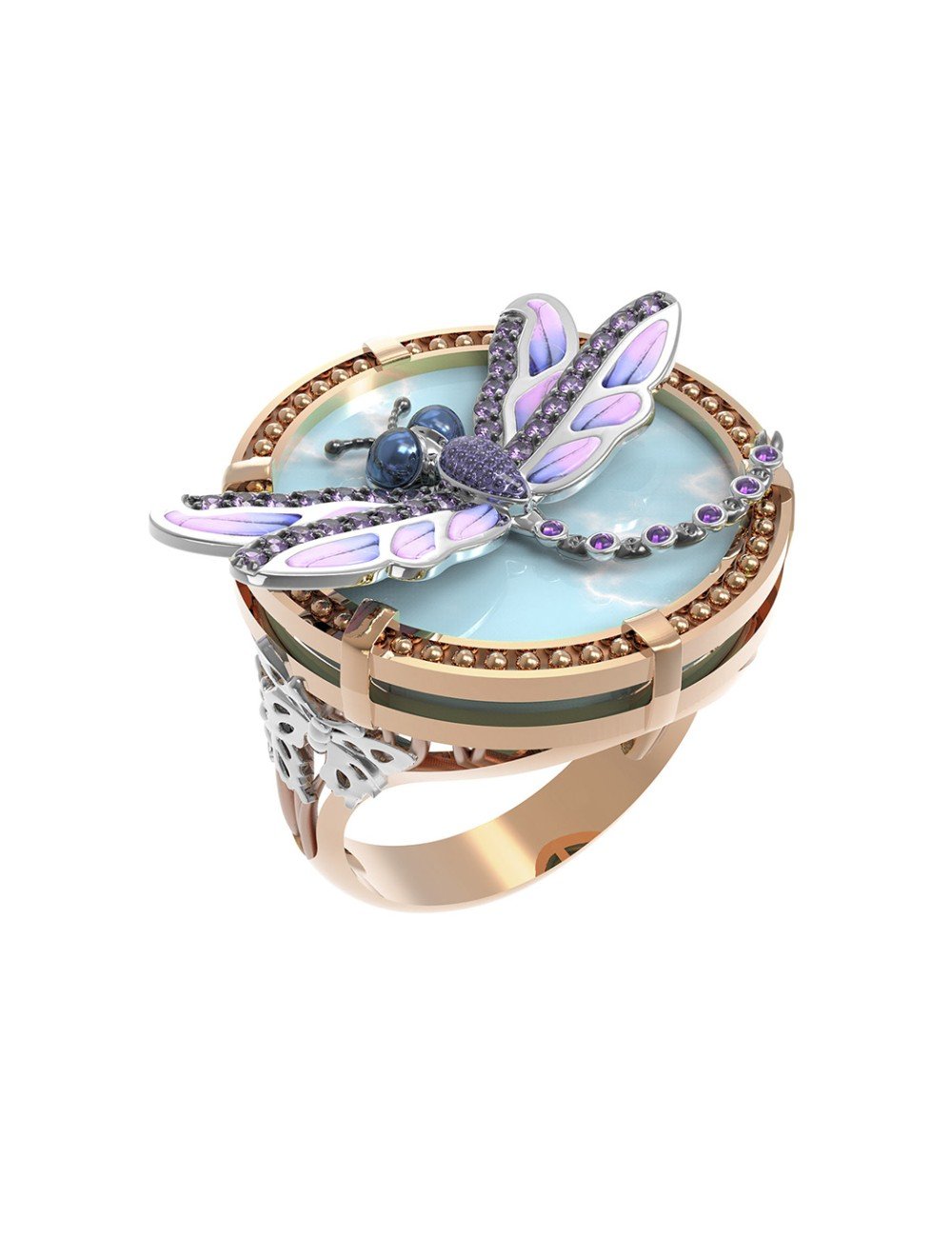 Кольцо из золота c бирюзой, аметистом и эмалью