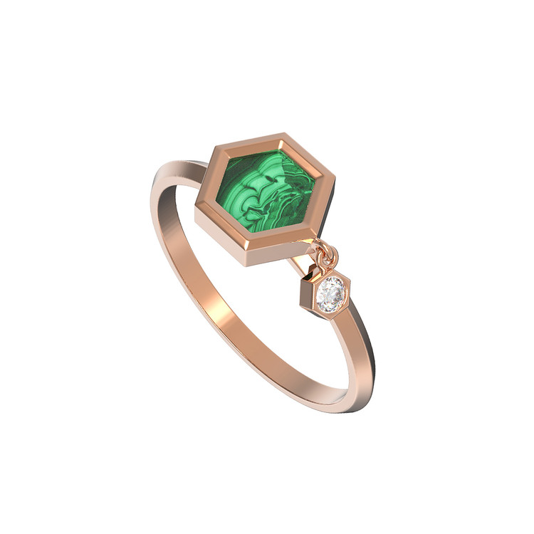 Кольцо из красного золота 585 пробы c бриллиантами и малахитом