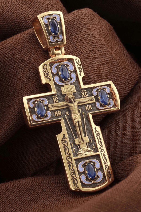 Крест из золота c эмалью и сапфиром