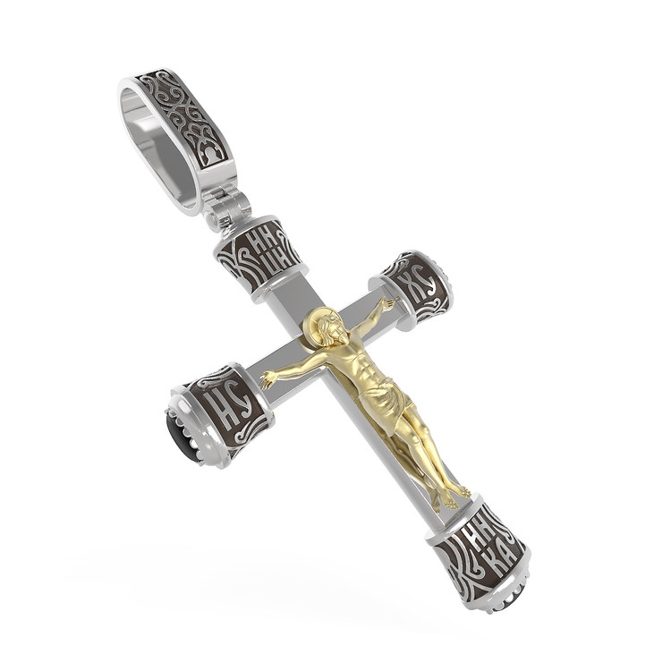 Крест из белого золота 585 пробы c ониксом