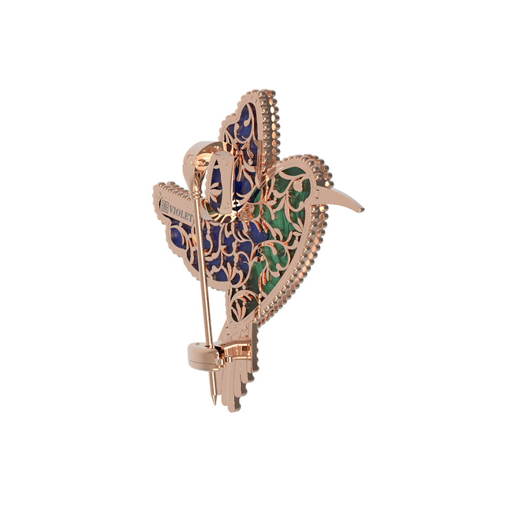 Брошь-подвеска из красного золота 585 пробы c эмалью, лазуритом и малахитом