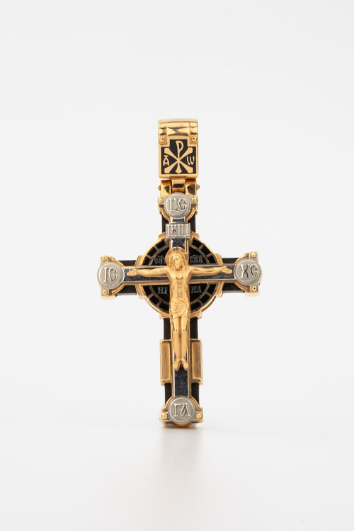 Крест из красного золота 585 пробы c эмалью и эбеновым деревом