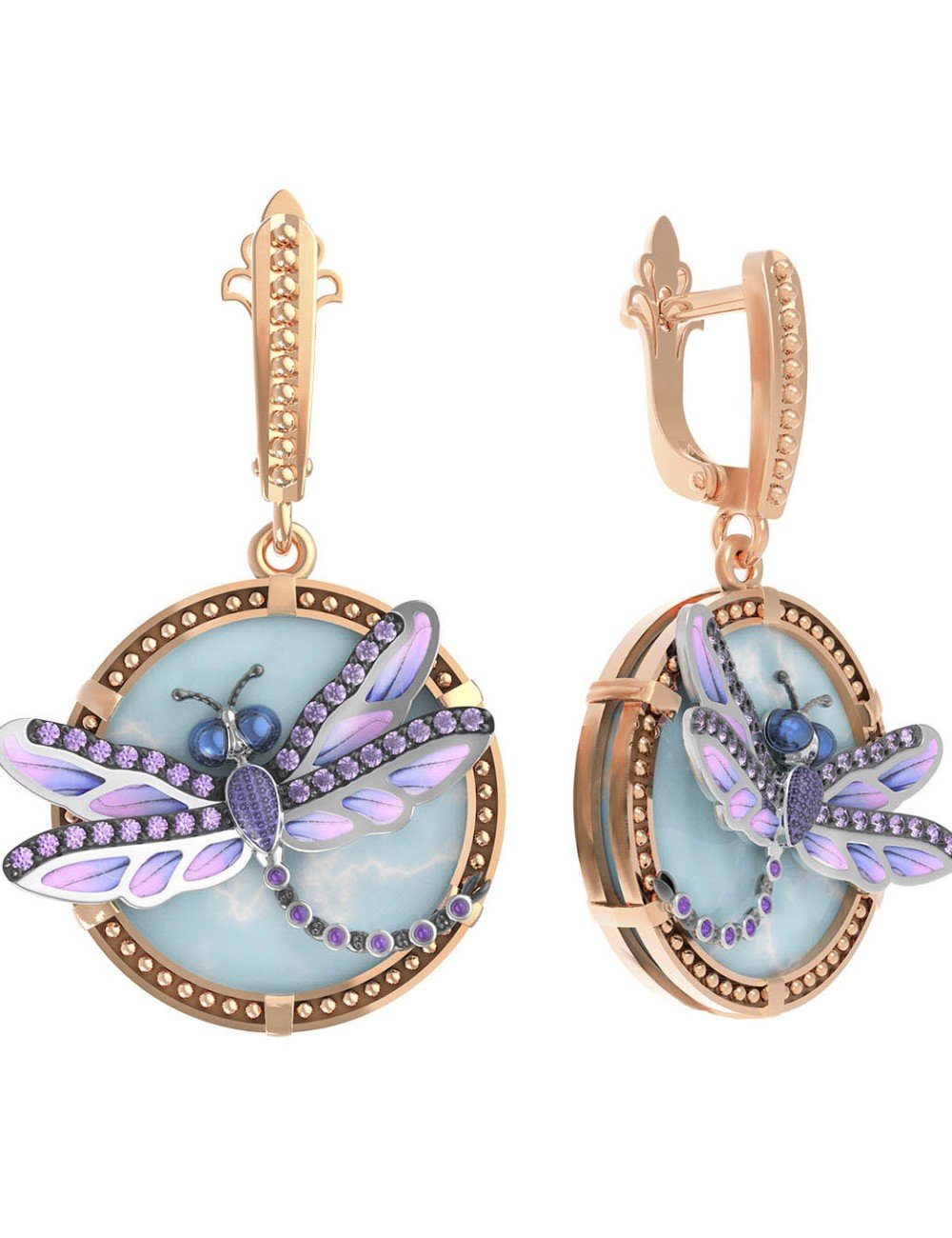 Серьги из золота c бирюзой, аметистом и эмалью