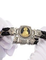 Браслет из серебра и золота c кожаным шнурком и ониксом