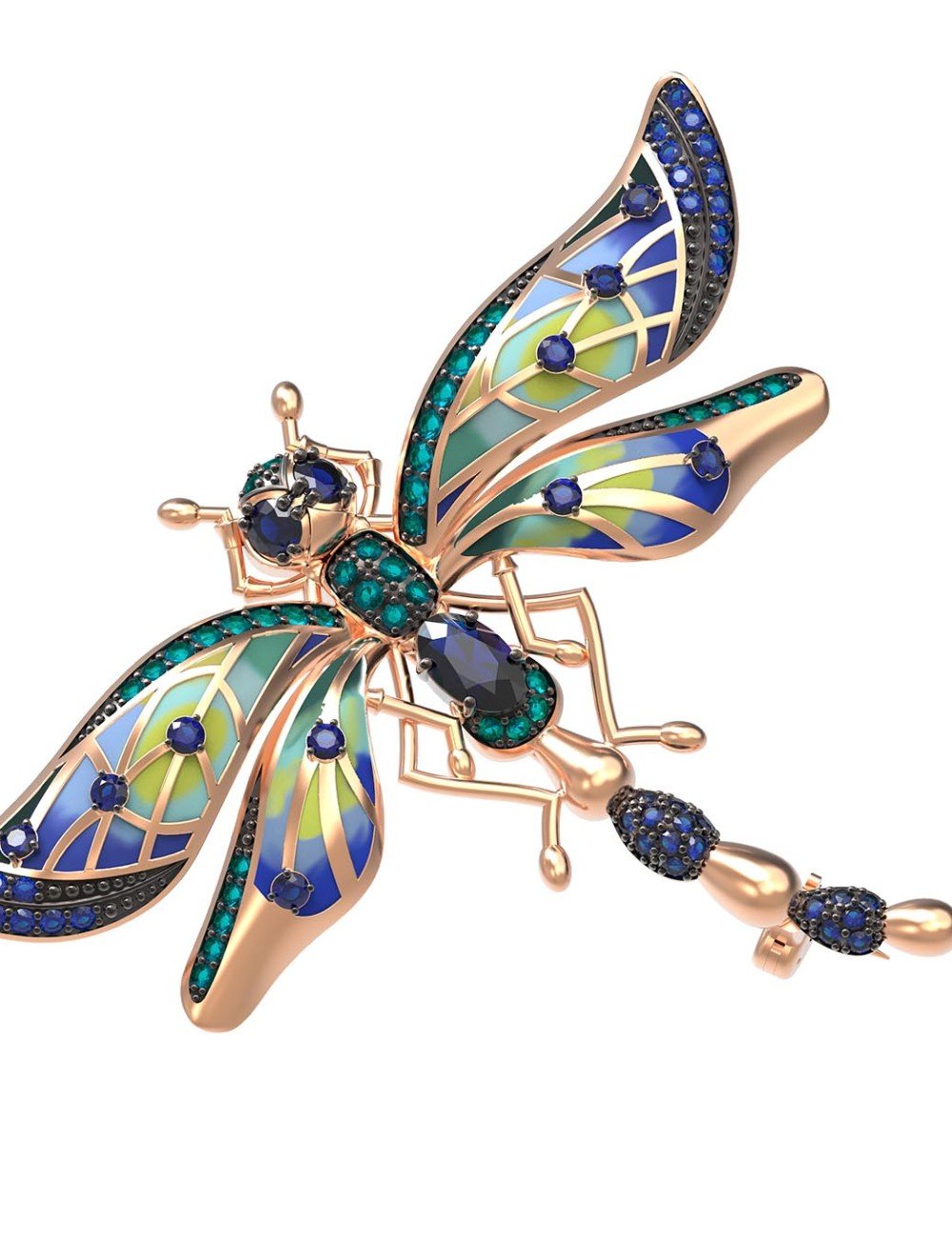 Брошь из золота c фианитом, сапфиром и эмалью