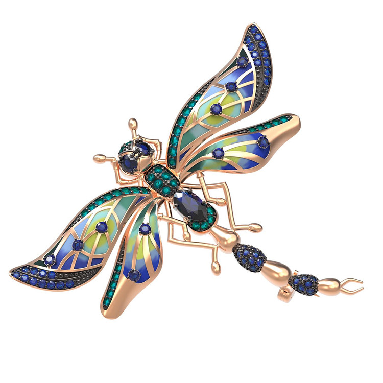 Брошь из красного золота 585 пробы c фианитом, сапфиром и эмалью