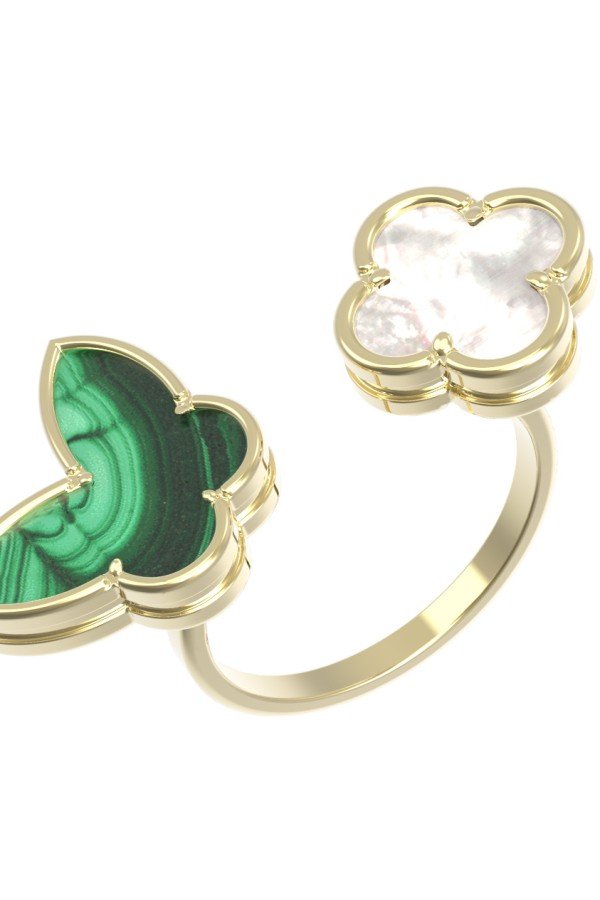 Кольцо из лимонного золота c малахитом и перламутром