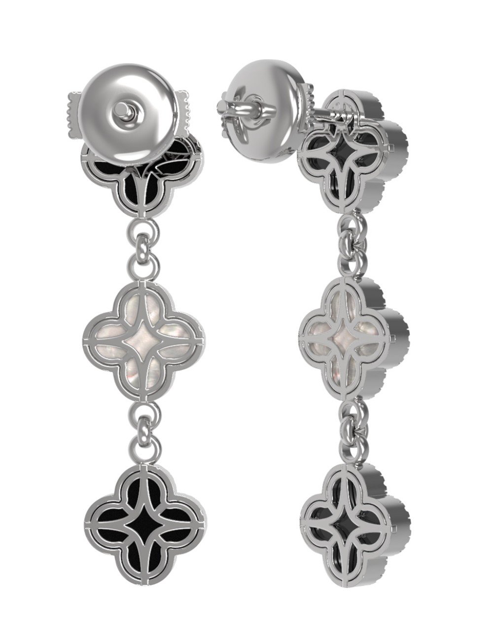 Серьги из белого золота c бриллиантами, ониксом и перламутром