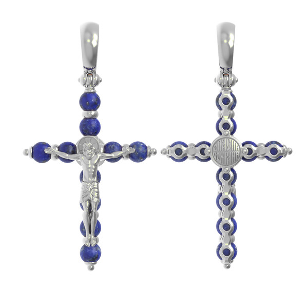 Крест из белого золота 585 пробы c лазуритом