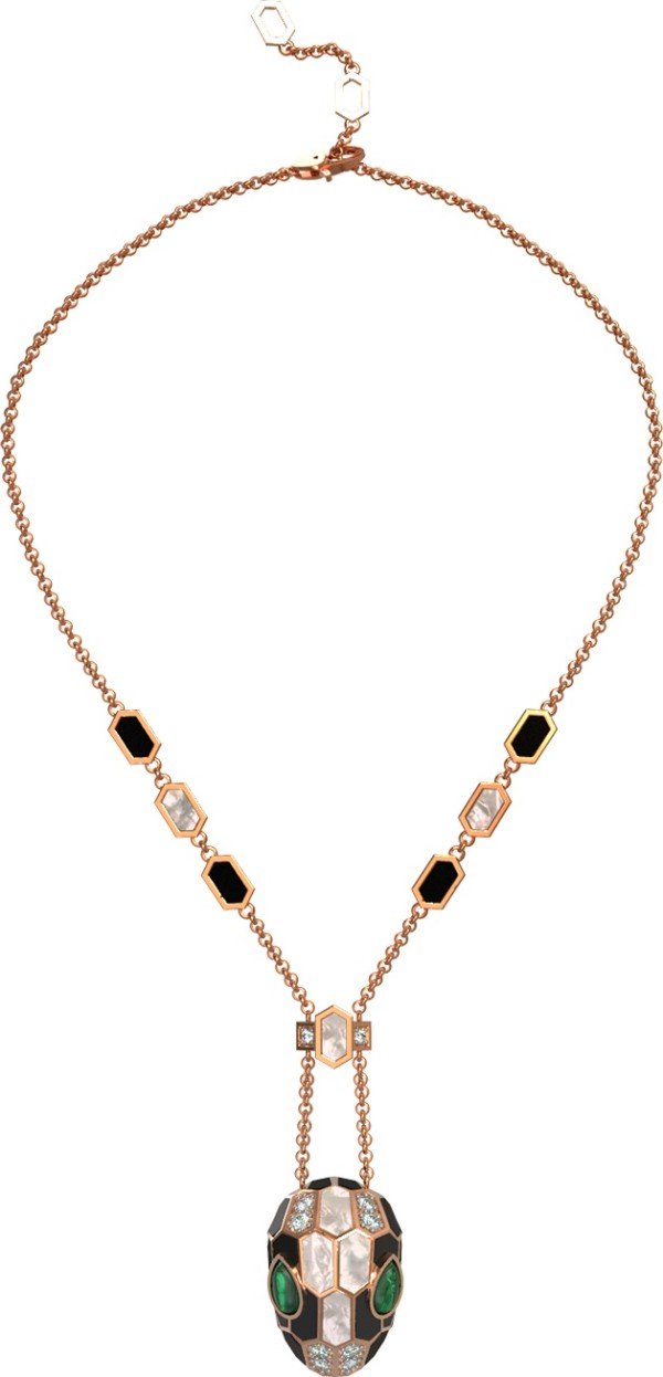 Колье из золота c бриллиантами, рубином, ониксом, малахитом и перламутром