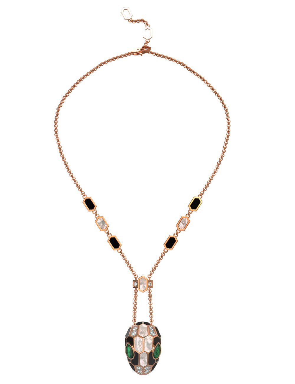 Колье из золота c бриллиантами, рубином, ониксом, малахитом и перламутром