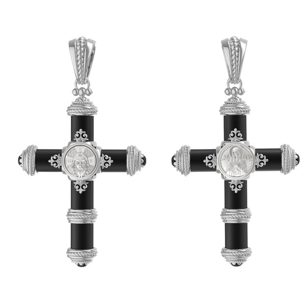 Крест из белого золота 585 пробы c ониксом