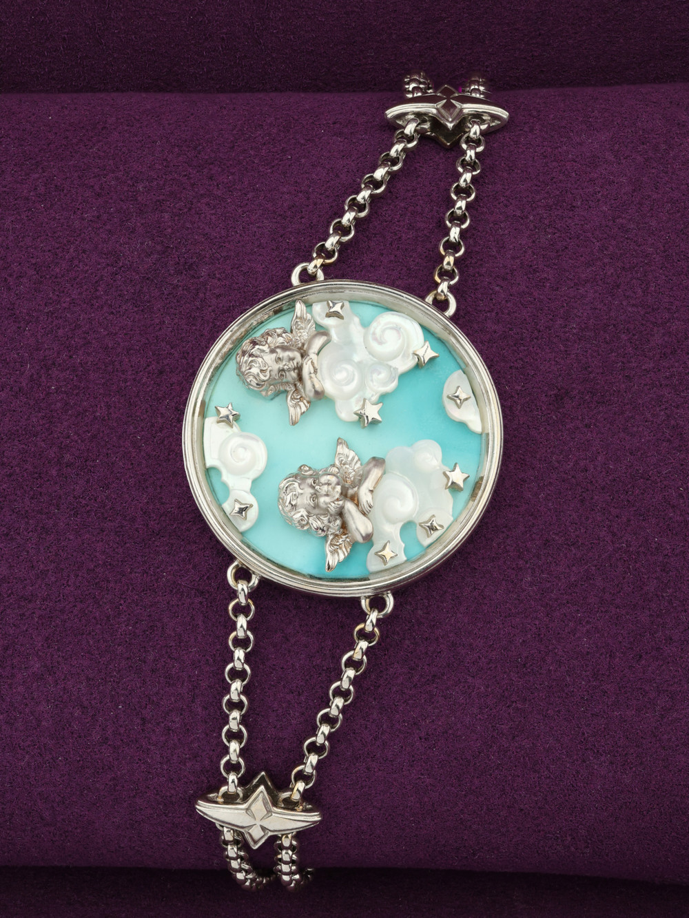 Браслет из белого золота 585 пробы c бирюзой и перламутром