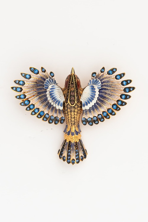 Брошь из красного золота 585 пробы c эмалью и фианитом