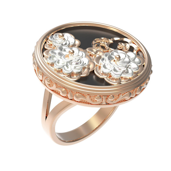 Кольцо из красного золота 585 пробы c ониксом и перламутром